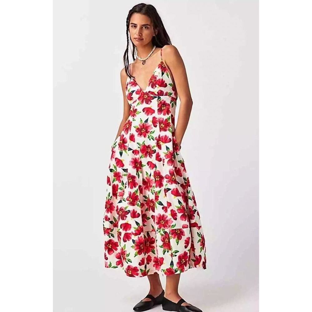 Free People Finer Things Dress Medium Midi Floral Pockets Anthropologie Boho